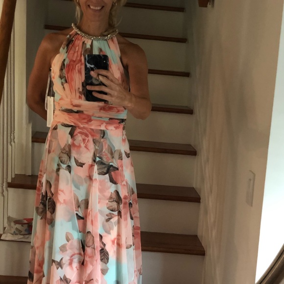 CALVIN KLEIN Pastel Maxi Gown Peach Turquoise Sz 2 - Picture 6 of 16